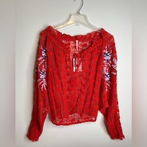 FREE PEOPLE JUBILEE RED MESH EMBROIDERED LACE TOP